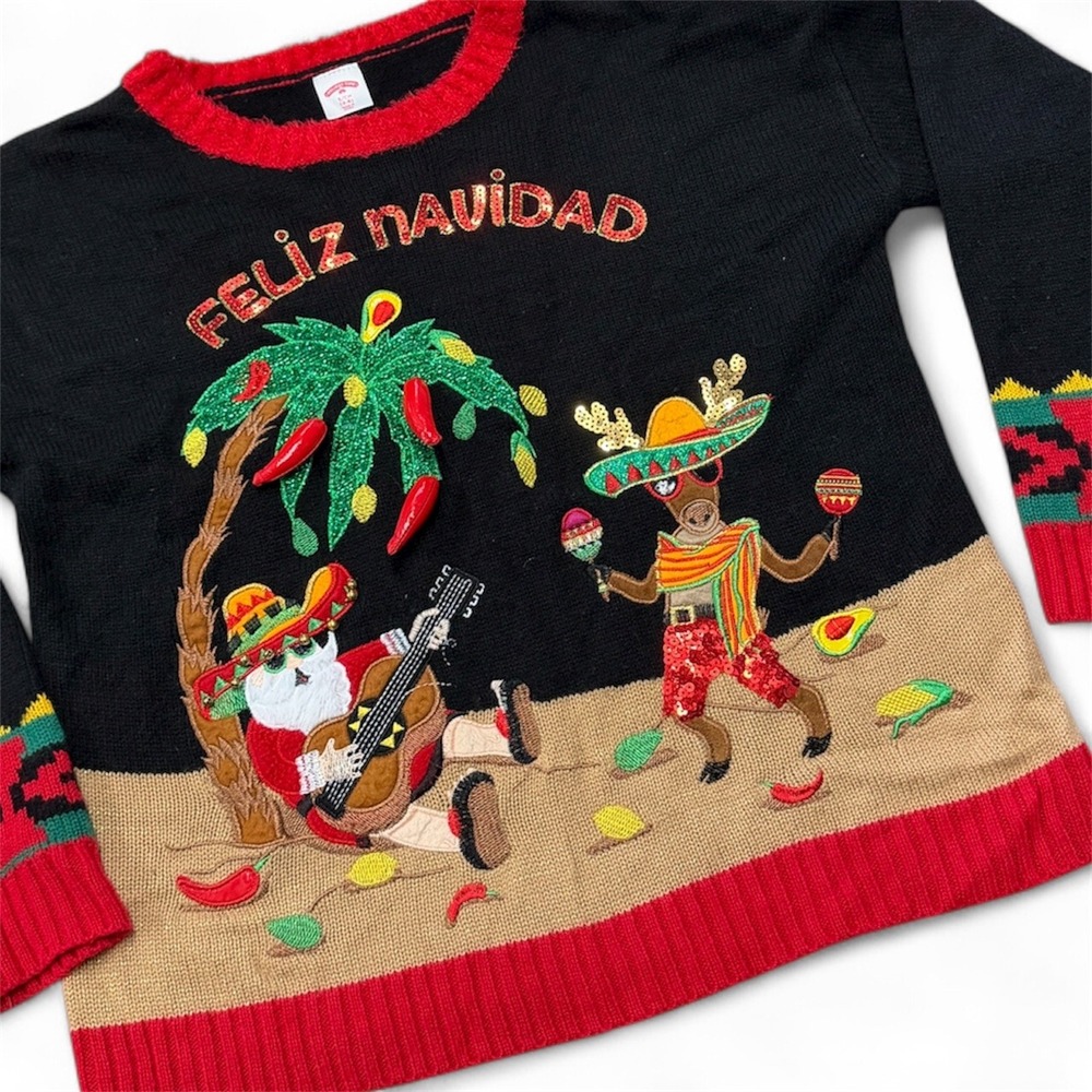 Holiday Time Feliz Navidad‎ Santa Reindeer Ugly Christmas Sweater S 4-6